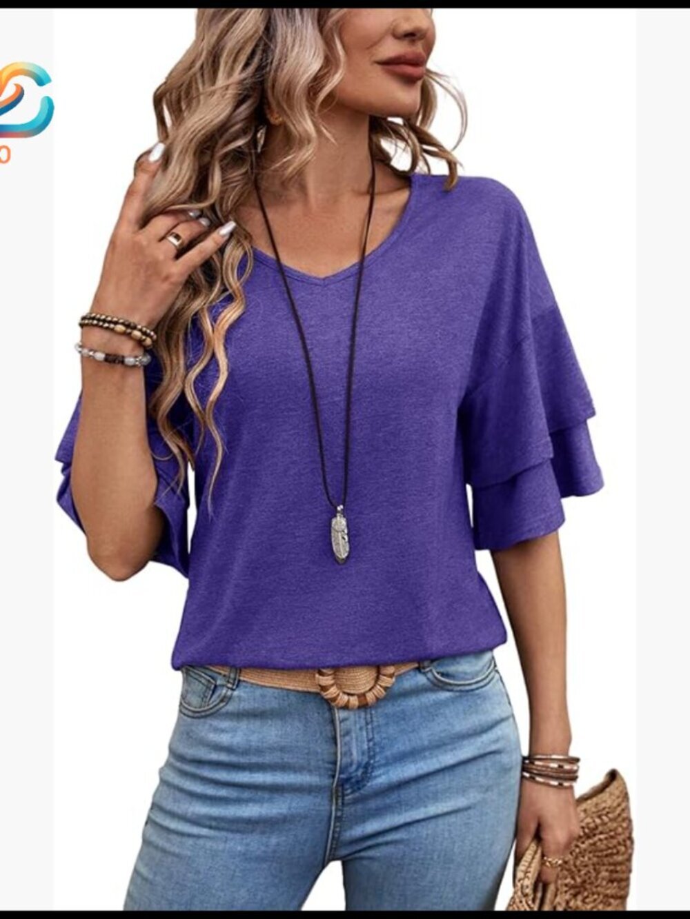 V-Neck Ruffle Sleeve Blouse, 3/4 Bell Sleeves, Polyester Blend, Regular Fit